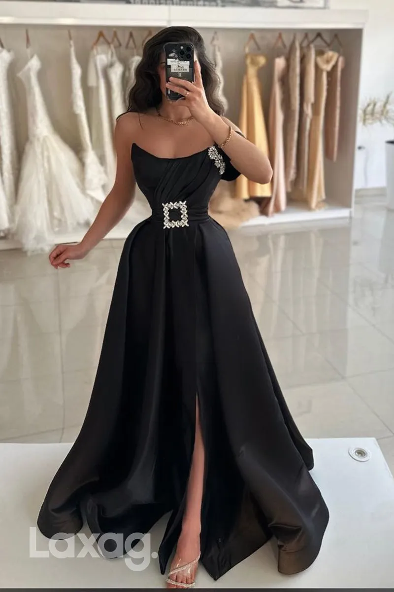 14700 - A Line Strapless Satin Ruched Long Formal Prom Dress with Slit