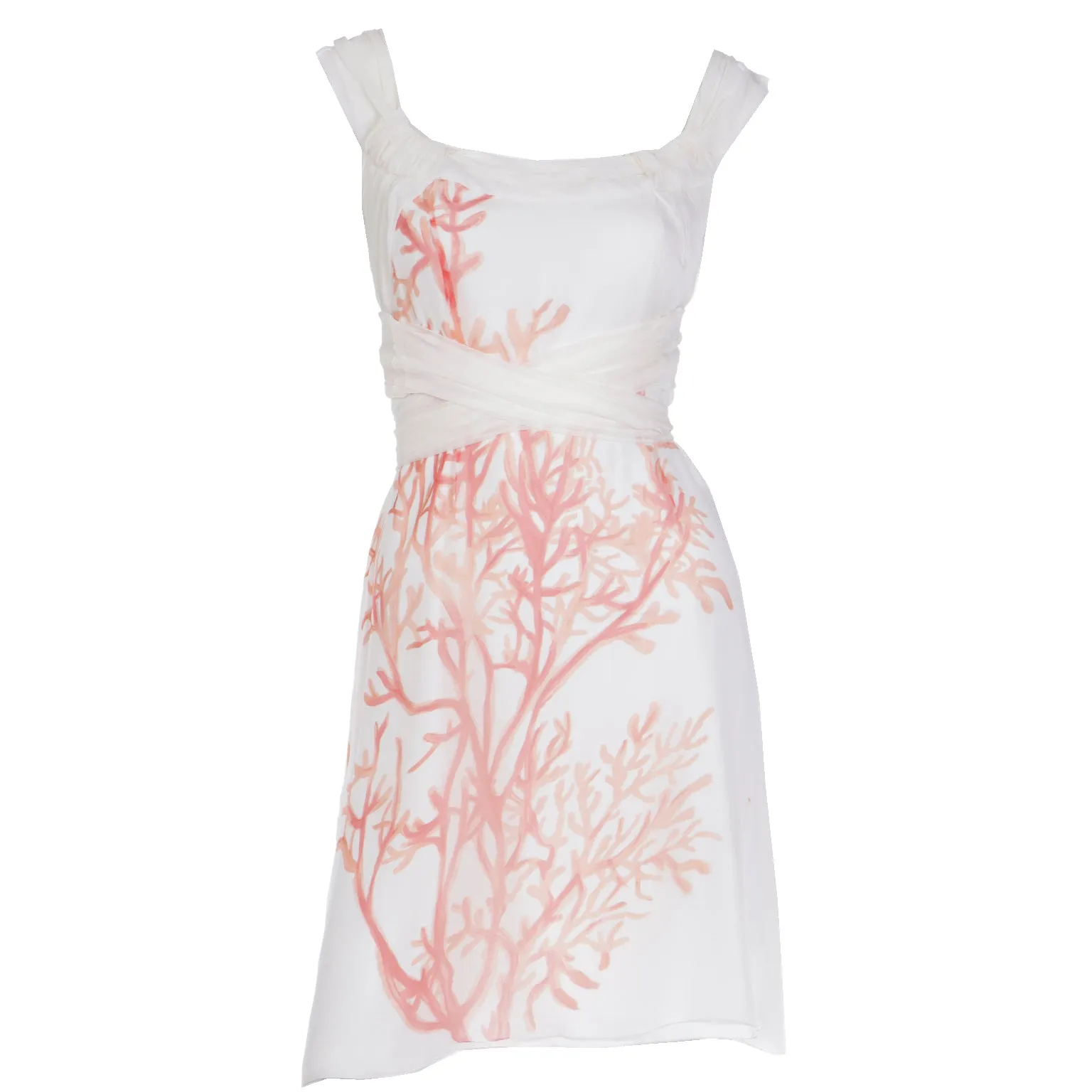 2000s Valentino White SIlk Coral Print Sleeveless Dress with sash