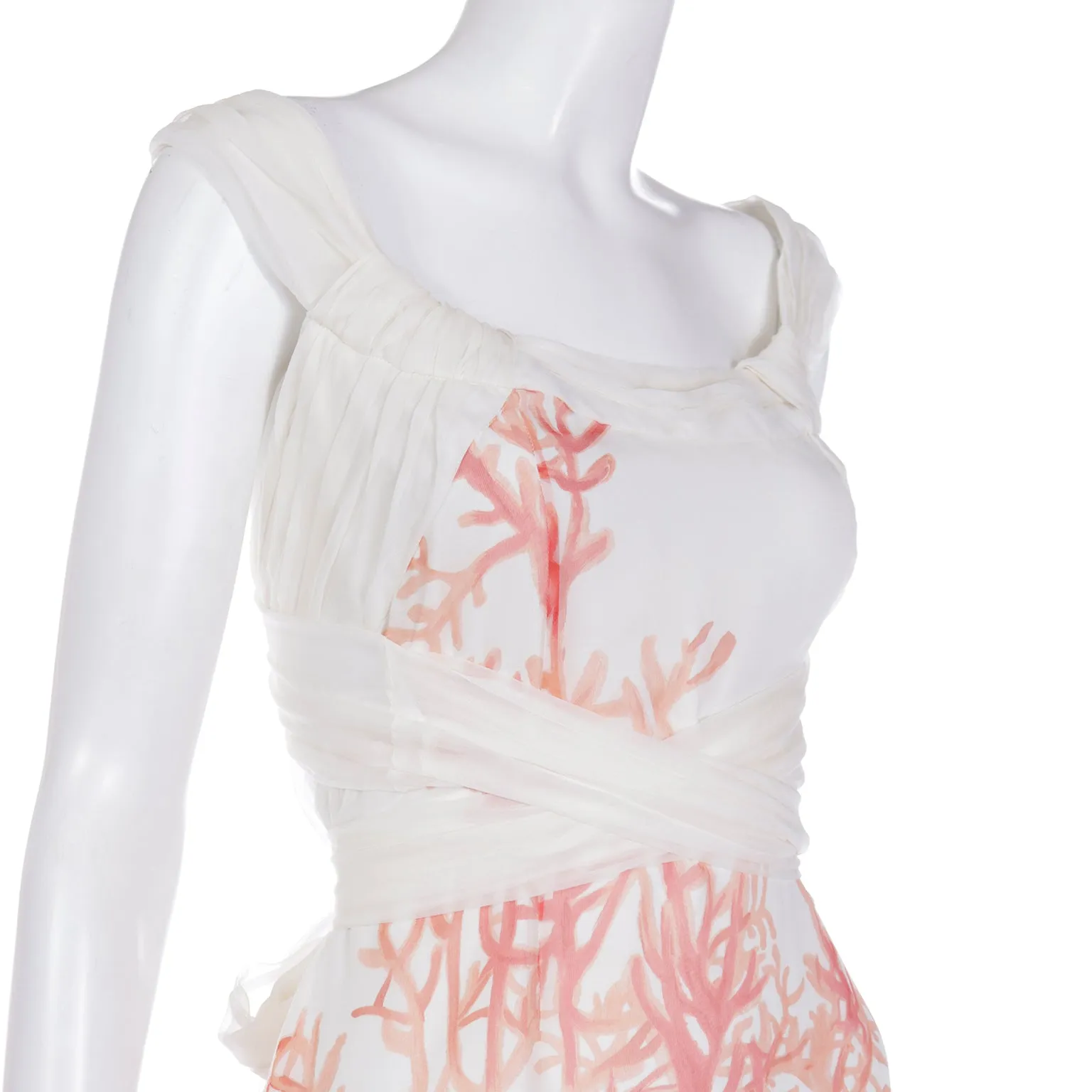 2000s Valentino White SIlk Coral Print Sleeveless Dress with sash