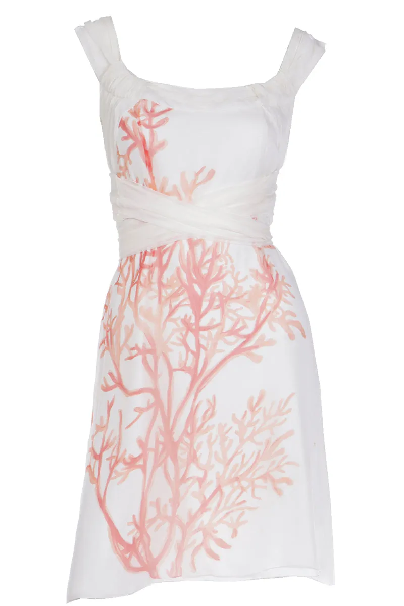 2000s Valentino White SIlk Coral Print Sleeveless Dress with sash