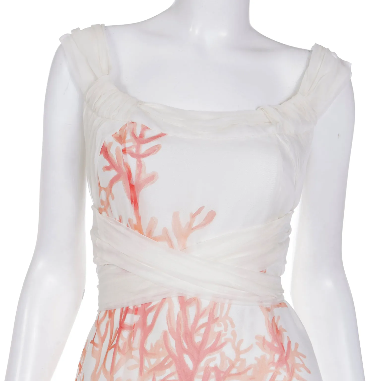 2000s Valentino White SIlk Coral Print Sleeveless Dress with sash