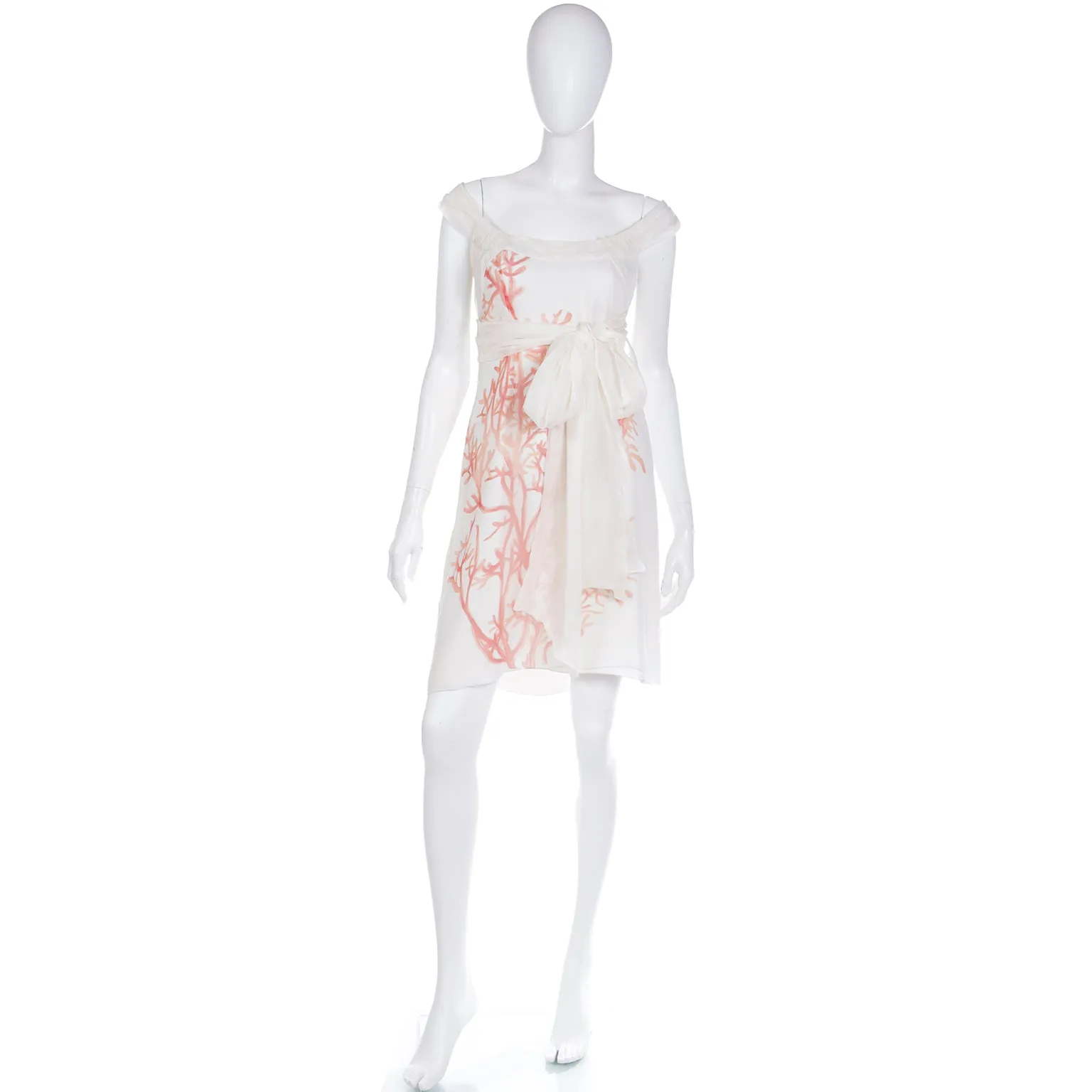 2000s Valentino White SIlk Coral Print Sleeveless Dress with sash