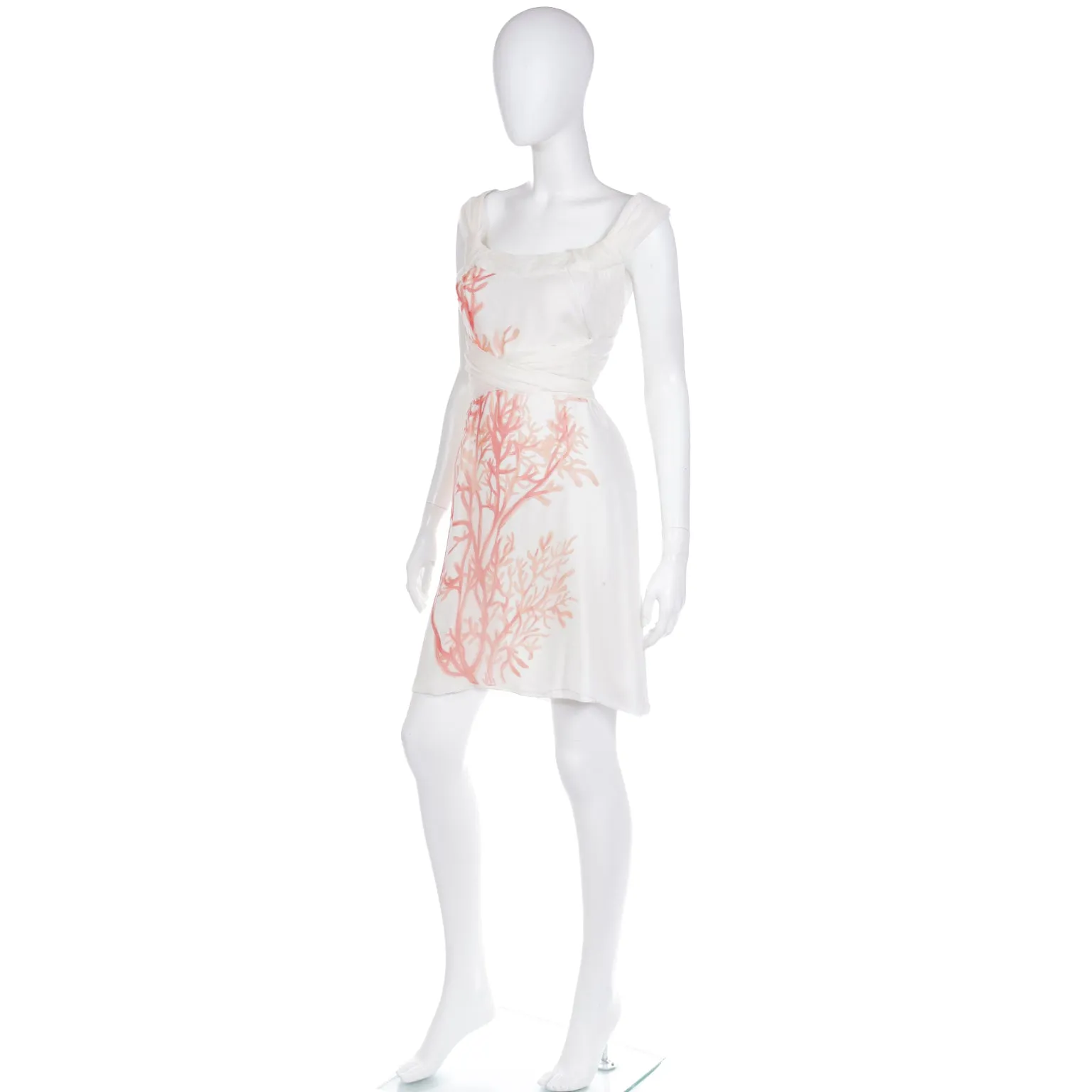 2000s Valentino White SIlk Coral Print Sleeveless Dress with sash