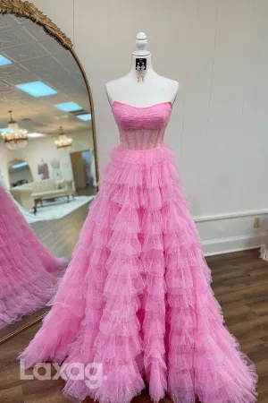 21976 - A Line Strapless Tulle Ruffles Pink Long Prom Party Dress