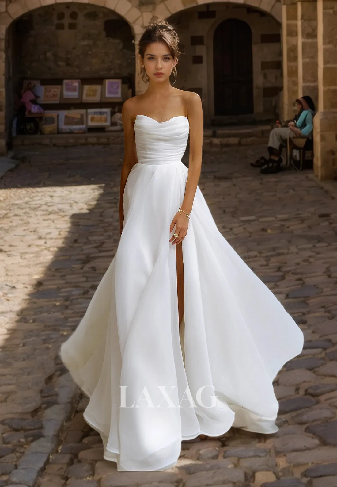 A-Line Sweetheart Off-Shoulder Chiffon Wedding Dress Sleeveless Pleated Slit with Train Bride Gowns