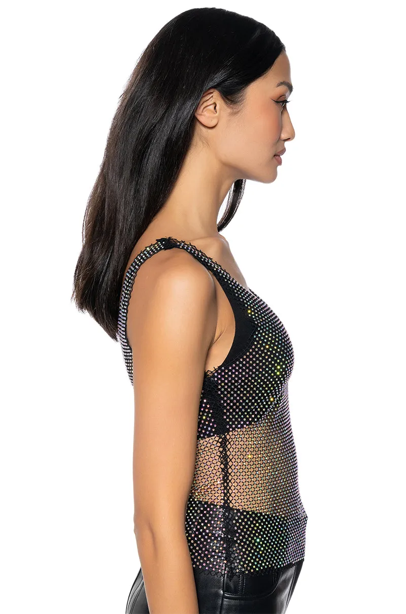 ANGEL SLEEVELESS RHINESTONE MESH TOP IN BLACK