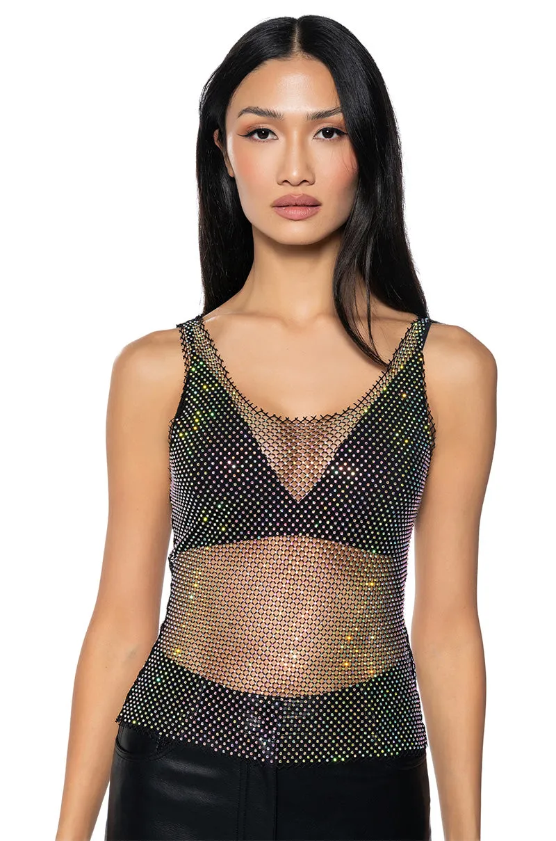 ANGEL SLEEVELESS RHINESTONE MESH TOP IN BLACK