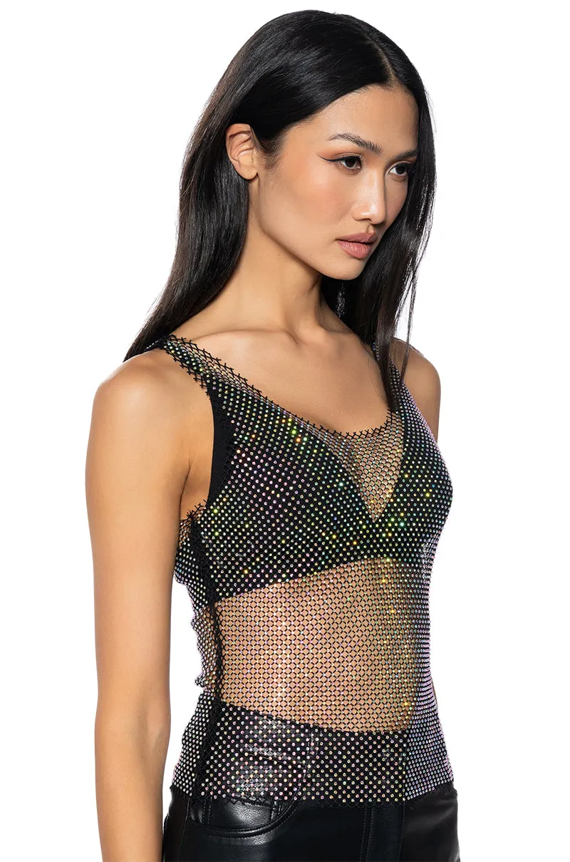 ANGEL SLEEVELESS RHINESTONE MESH TOP IN BLACK