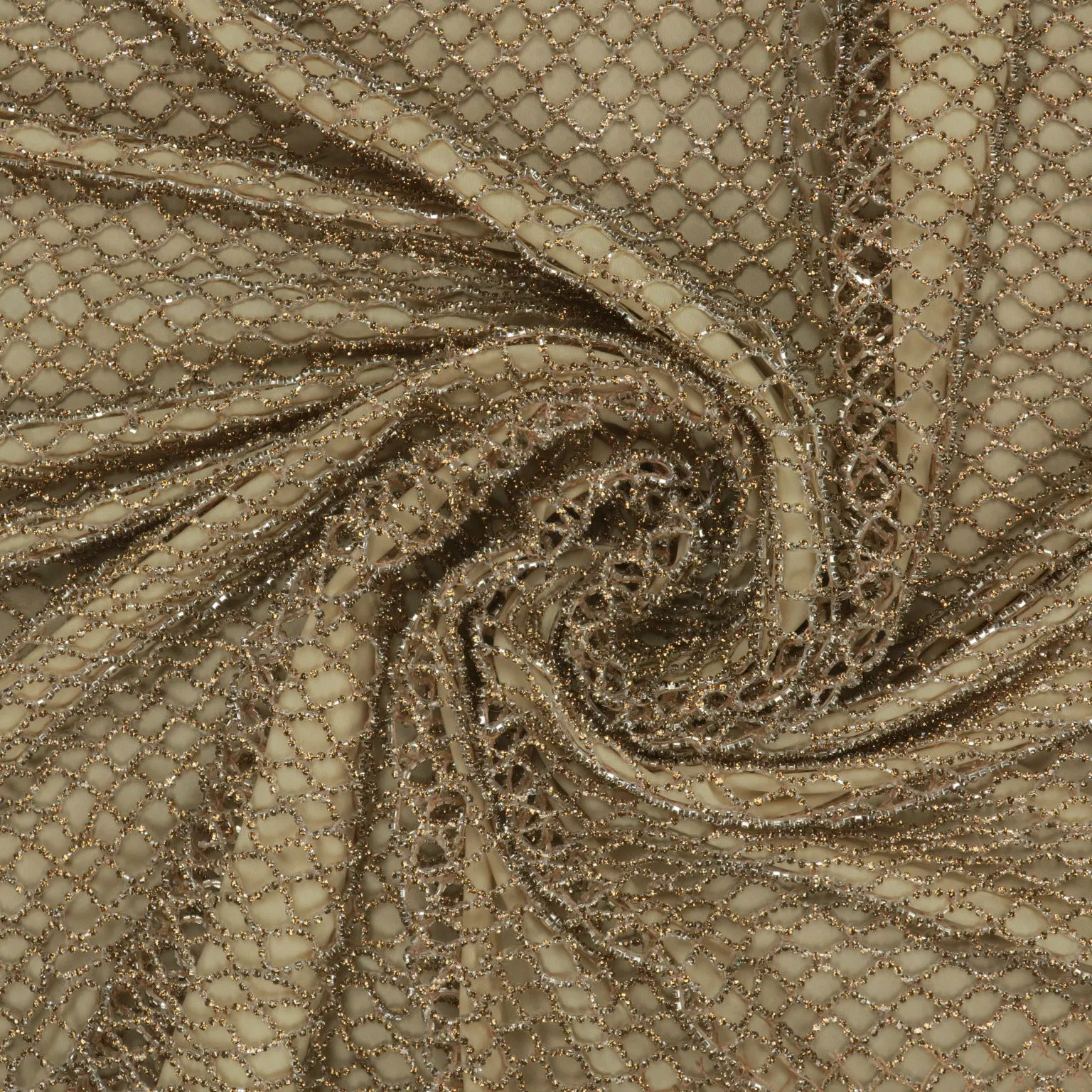 Beige Crystal Embroidered Net Fabric