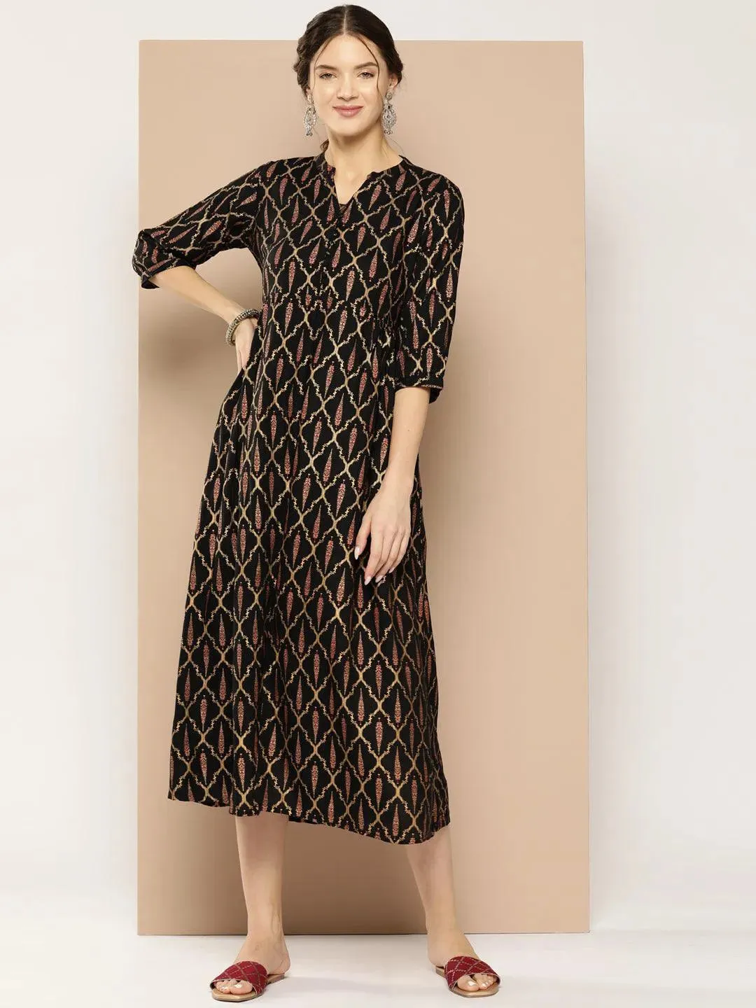 Black Printed Rayon Fit and Flare Dress