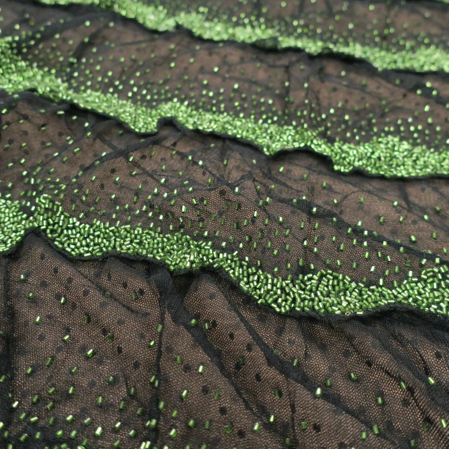 Black with Green Abstract Embroidered Tulle Fabric