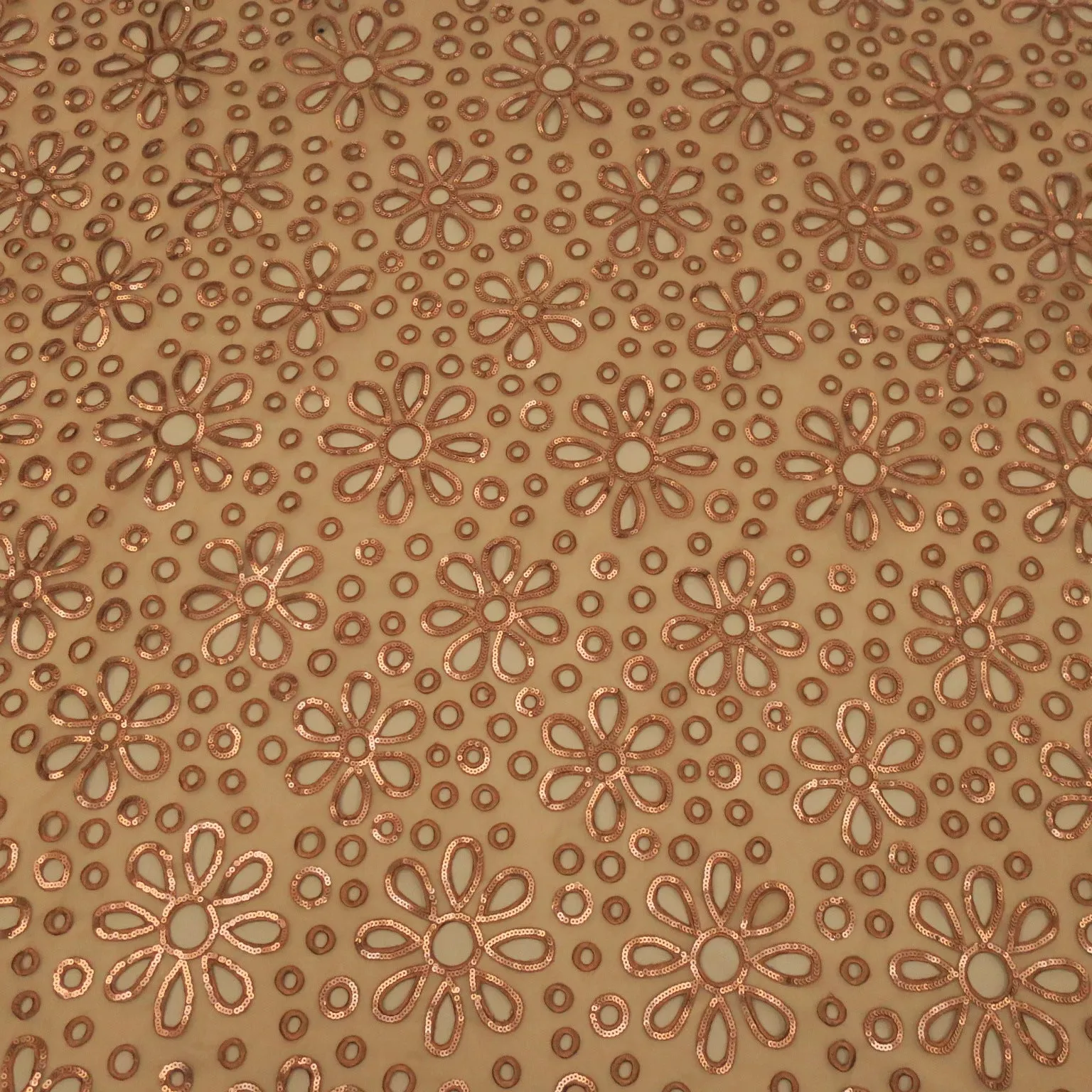 Brown Floral and Circles Embroidered Organza Fabric