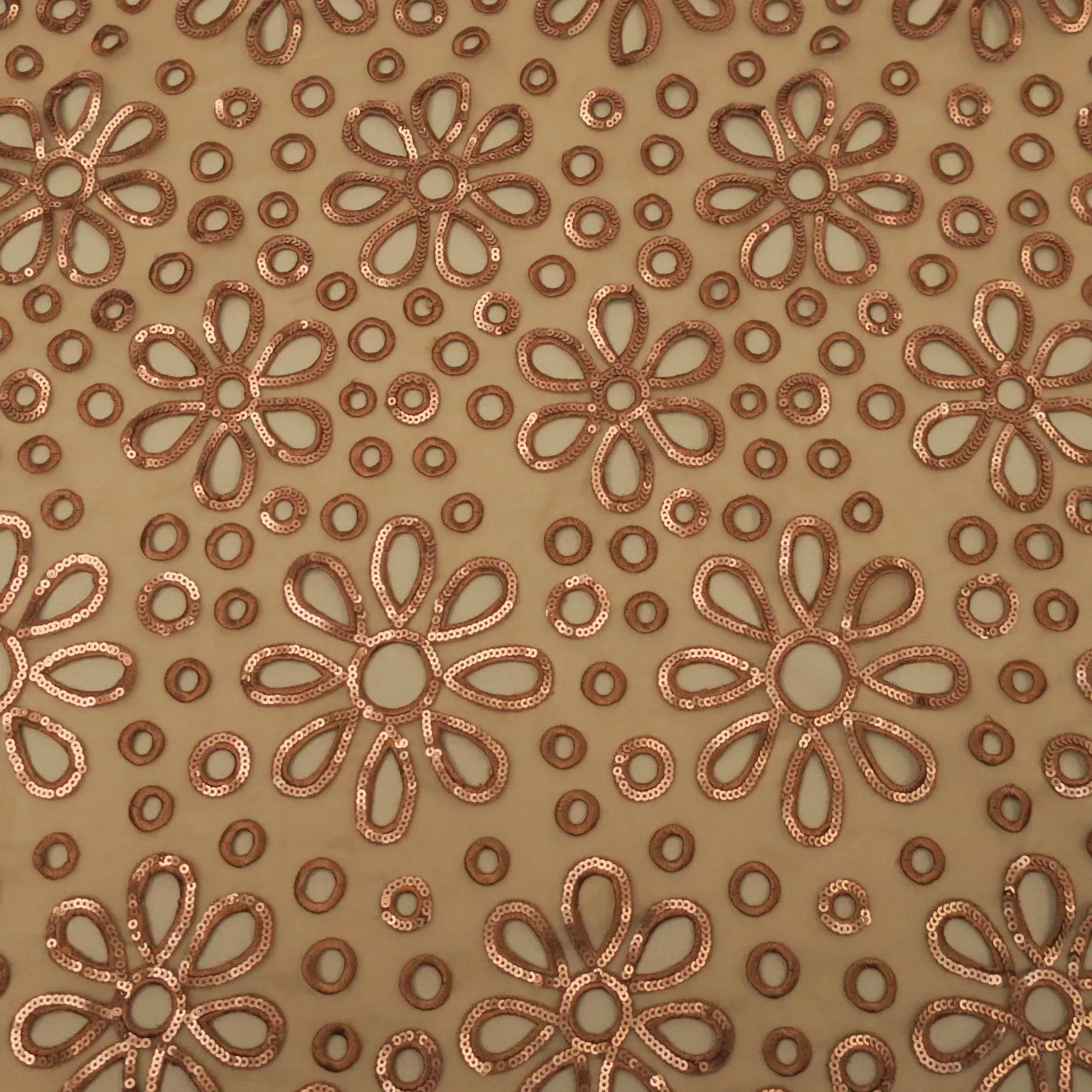 Brown Floral and Circles Embroidered Organza Fabric