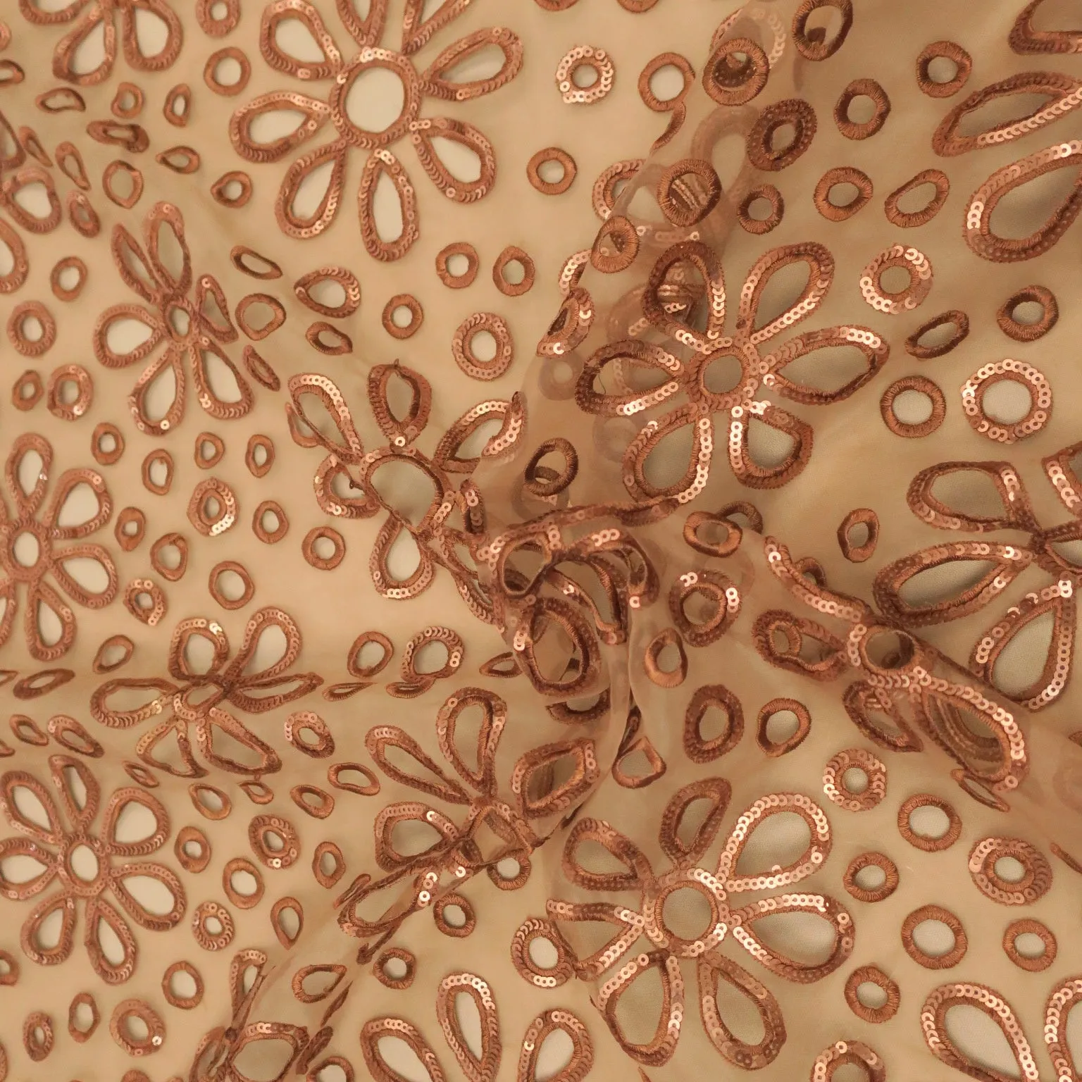 Brown Floral and Circles Embroidered Organza Fabric