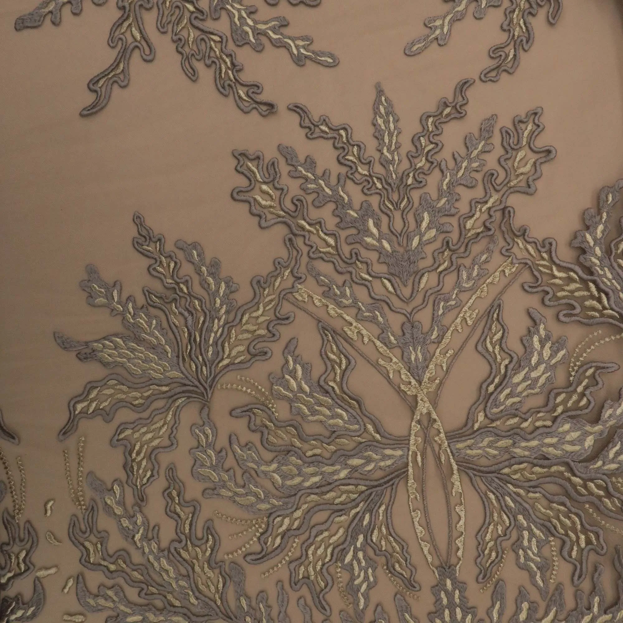 Brown Floral Designed on Nude Embroidered Tulle Fabric