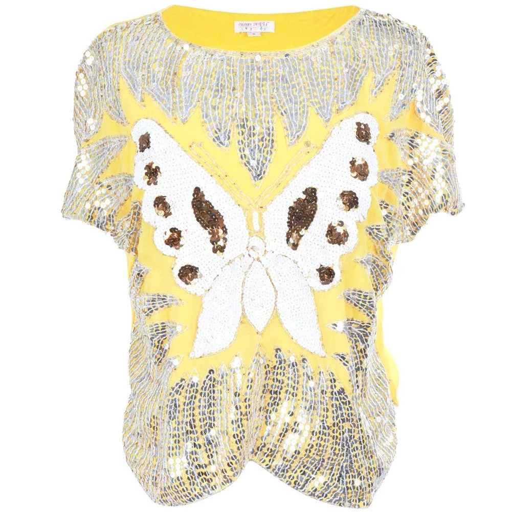 Butterfly Sequin Yellow Women's Dolman Blouse