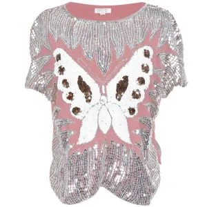 Butterfly Sequined Pink Women's Dolman Blouse