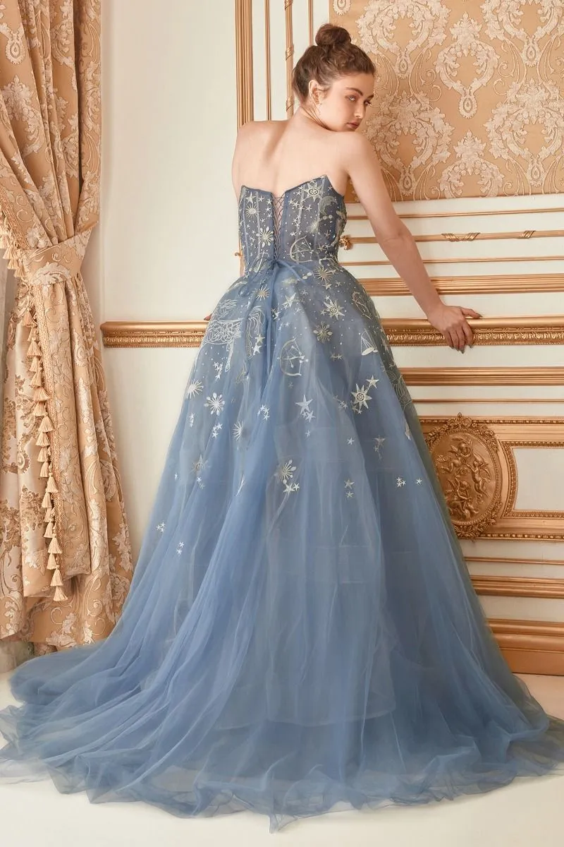 Celestial Constellation Strapless Sweetheart Evening Gown in Gray