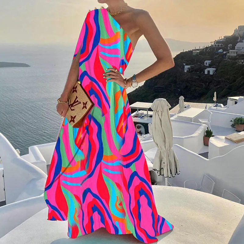 Chic Summer Style Solid Color One-Shoulder Maxi Dress