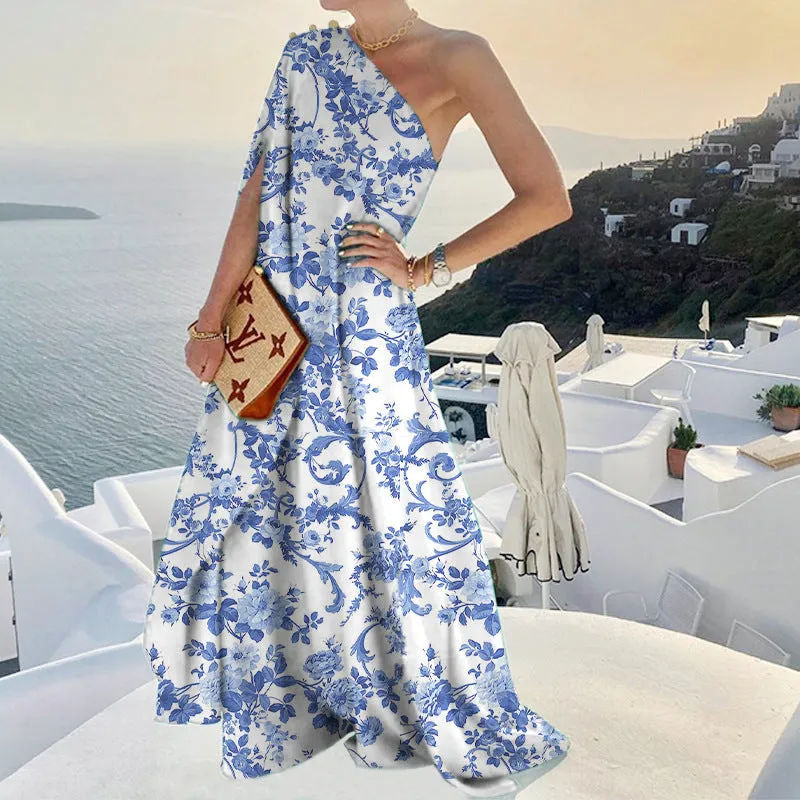 Chic Summer Style Solid Color One-Shoulder Maxi Dress