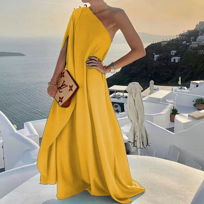 Chic Summer Style Solid Color One-Shoulder Maxi Dress