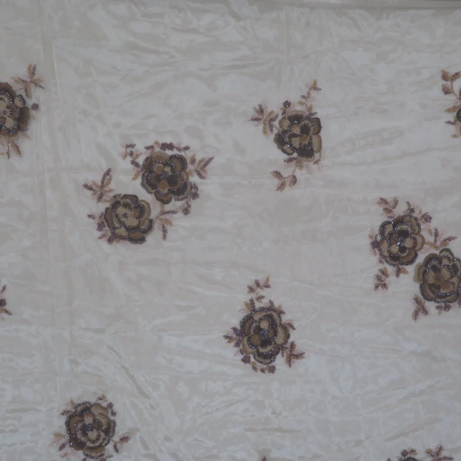 Double Layered Ivory Tulle with Brown and Pink Floral Bugle Beads Design Embroidered Fabric