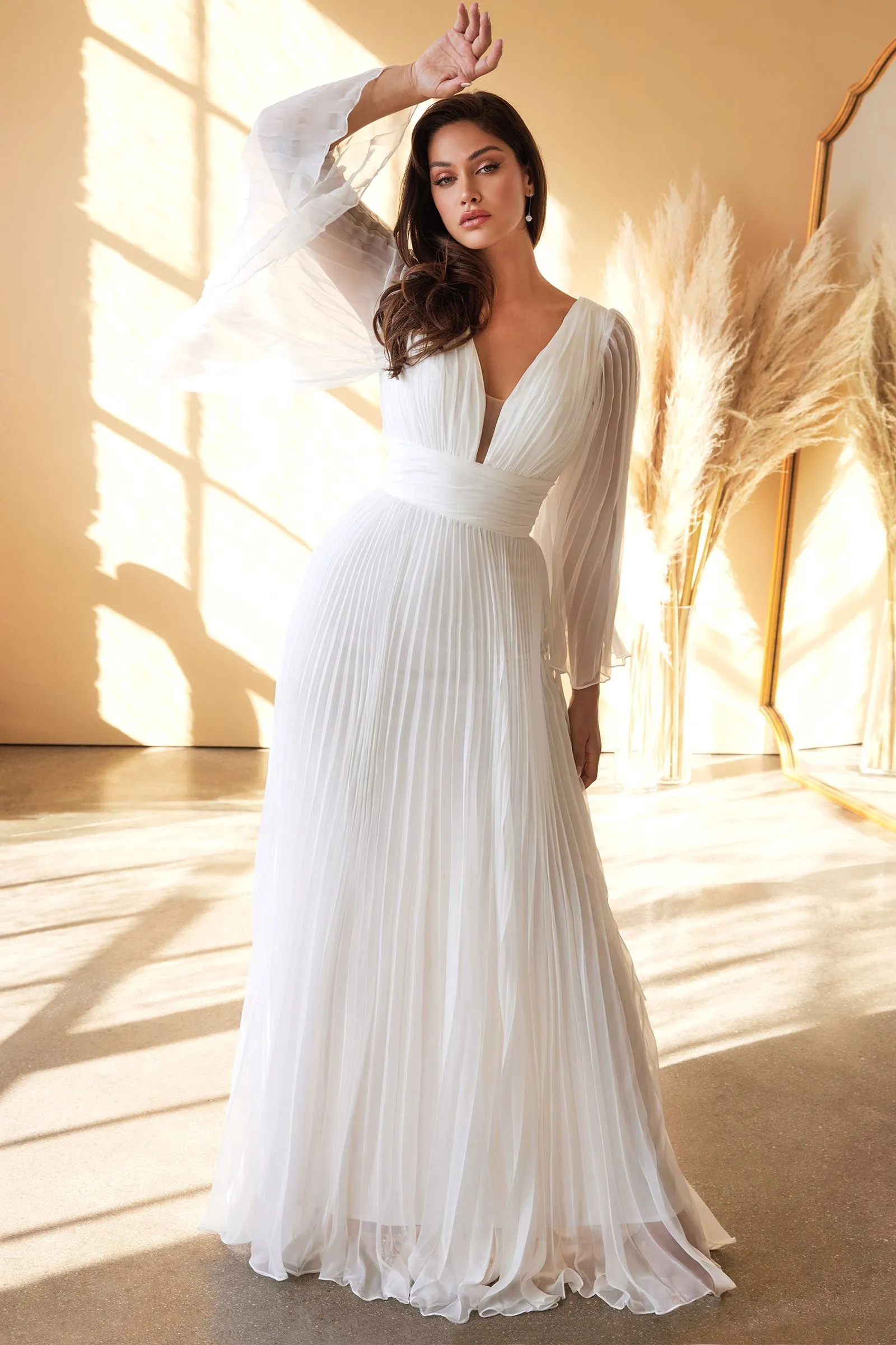 Elegant Pleated Chiffon Long-Sleeved Wedding Gown