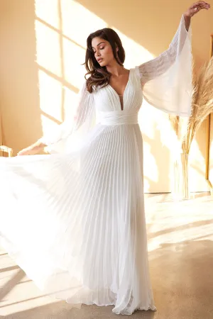 Elegant Pleated Chiffon Long-Sleeved Wedding Gown