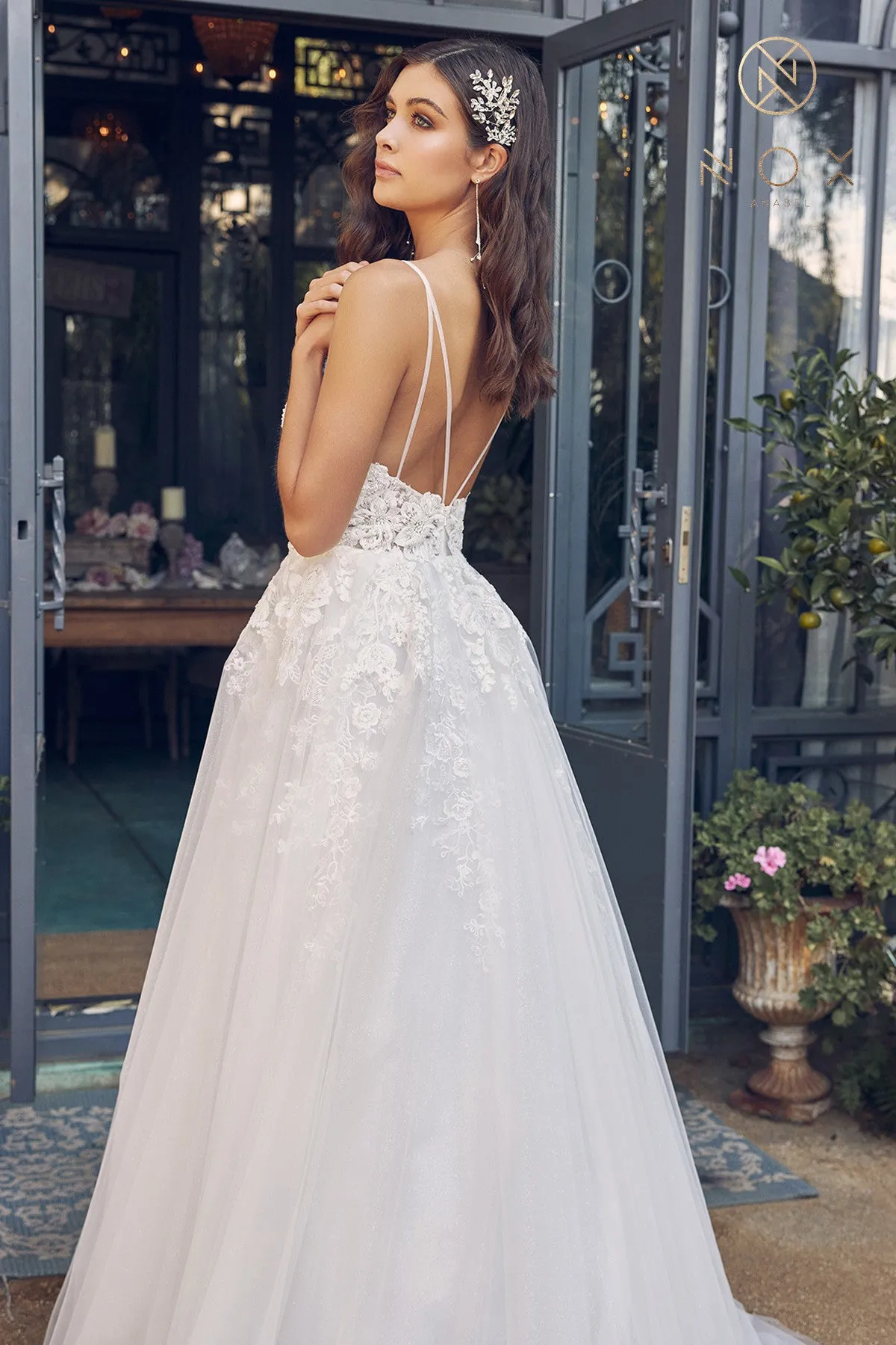 Embroidered Lace Bodice Open Back Long Wedding Dress NXJE933