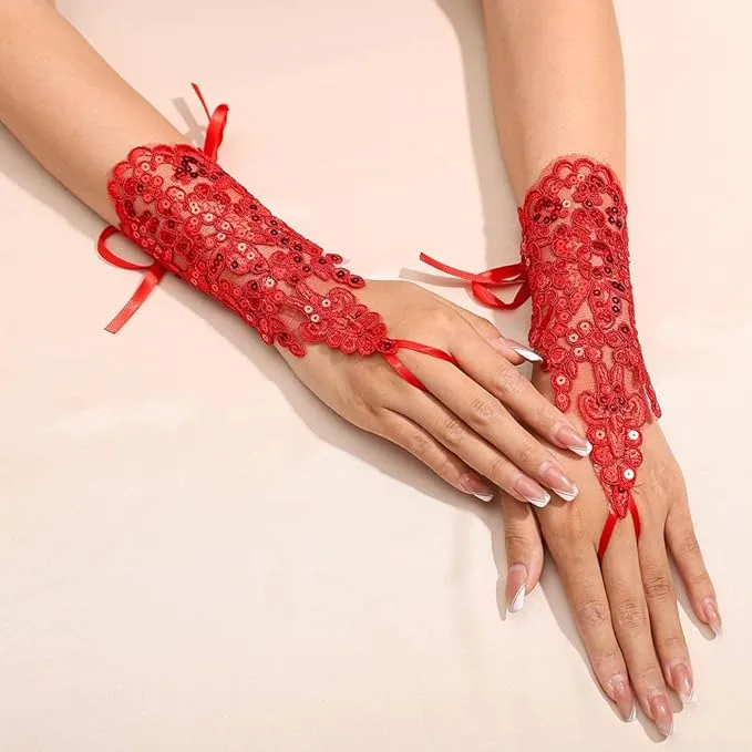 FancyDressWale Wedding Bride Lace Gloves Fingerless Bridal Gloves Red Rhinestone Glove Short Party Prom Glove Accessories for Women and Brides