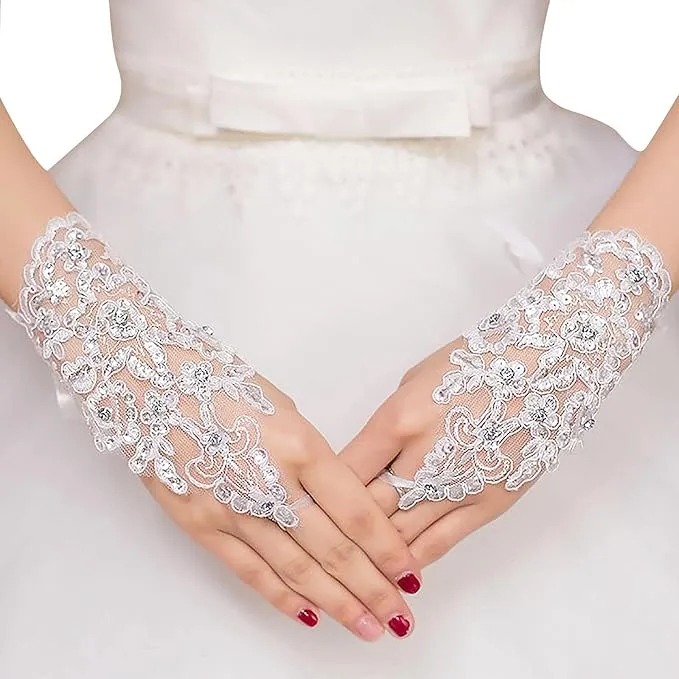 FancyDressWale Wedding Bride Lace Gloves Fingerless Bridal Gloves Red Rhinestone Glove Short Party Prom Glove Accessories for Women and Brides