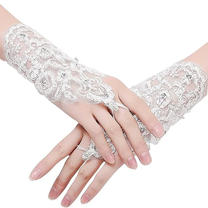 FancyDressWale Wedding Bride Lace Gloves Fingerless Bridal Gloves Red Rhinestone Glove Short Party Prom Glove Accessories for Women and Brides