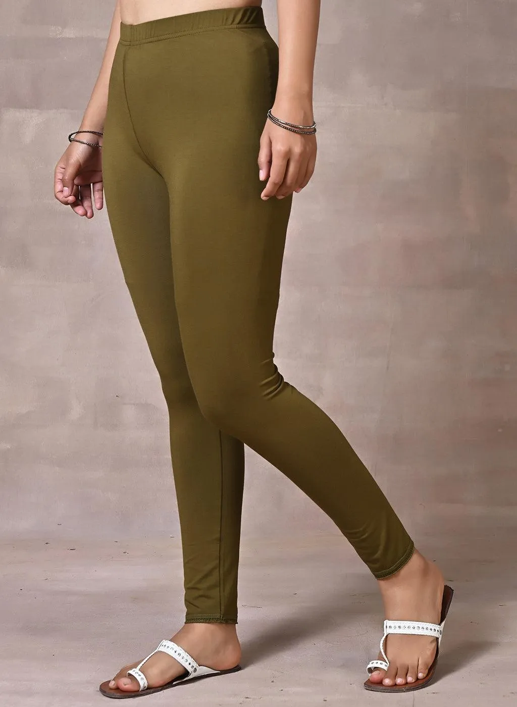 Farah Olive Viscose Lycra Leggings for Women