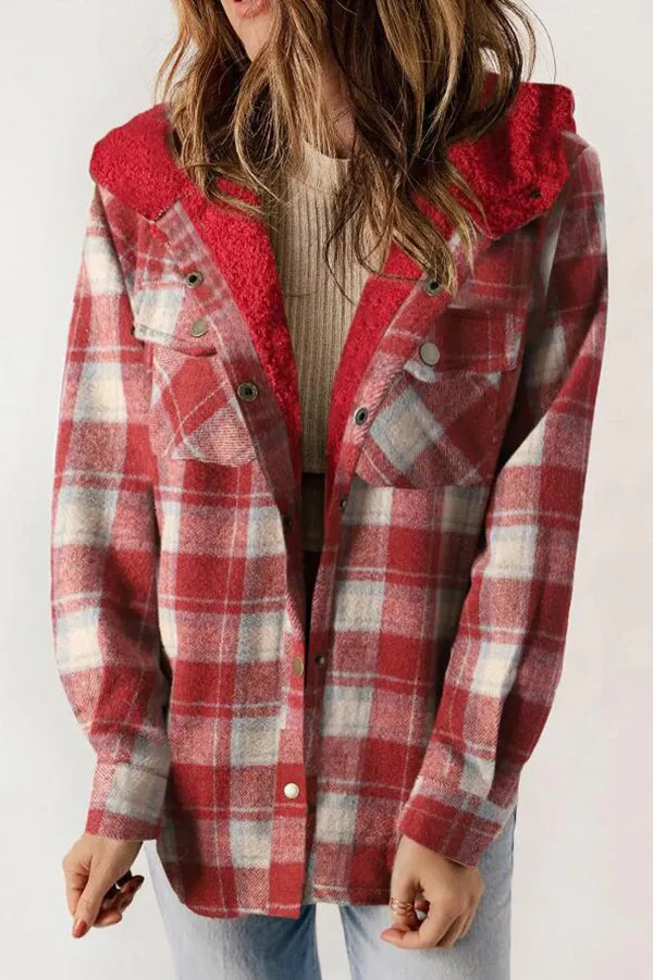 Fashion Plaid Long Sleeve Pocket Casual Hooded Jacket