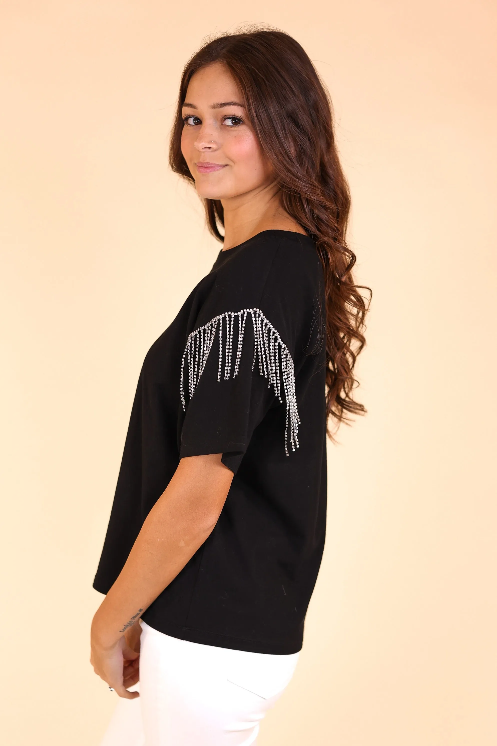 Glitzy Gal Black Tee With Rhinestone Fringe