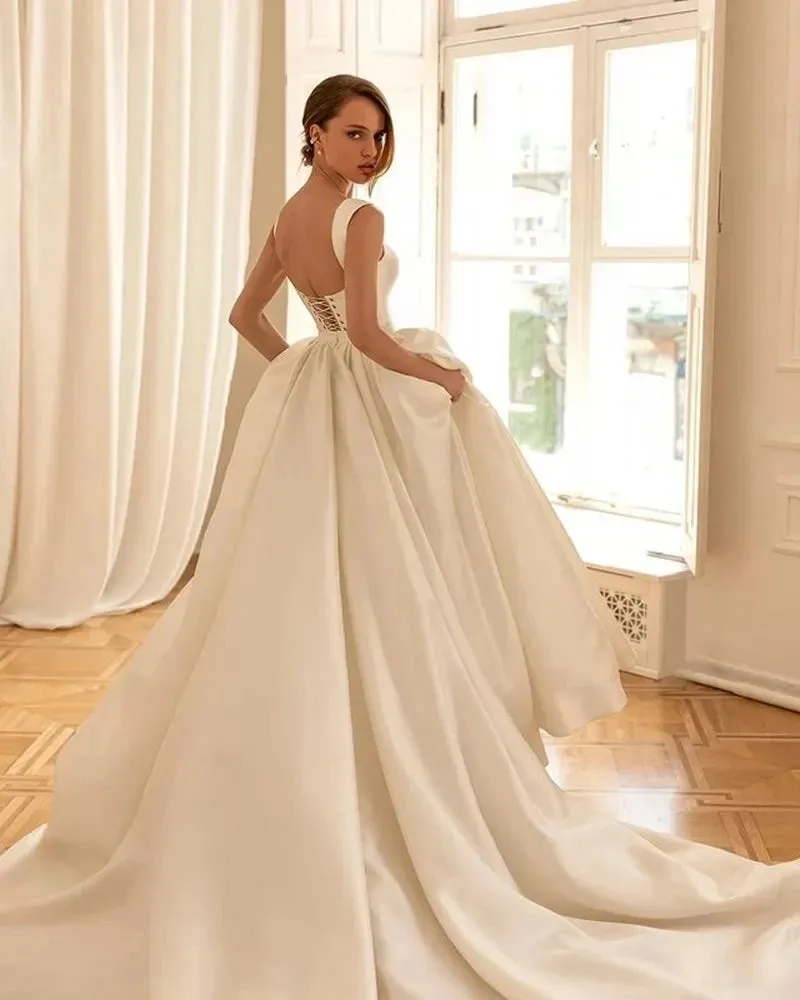 Graceful Satin Wedding Dresses With Detachable Coat Square Collar Bridal Gowns Long Puff Sleeves Vestidos De Novia