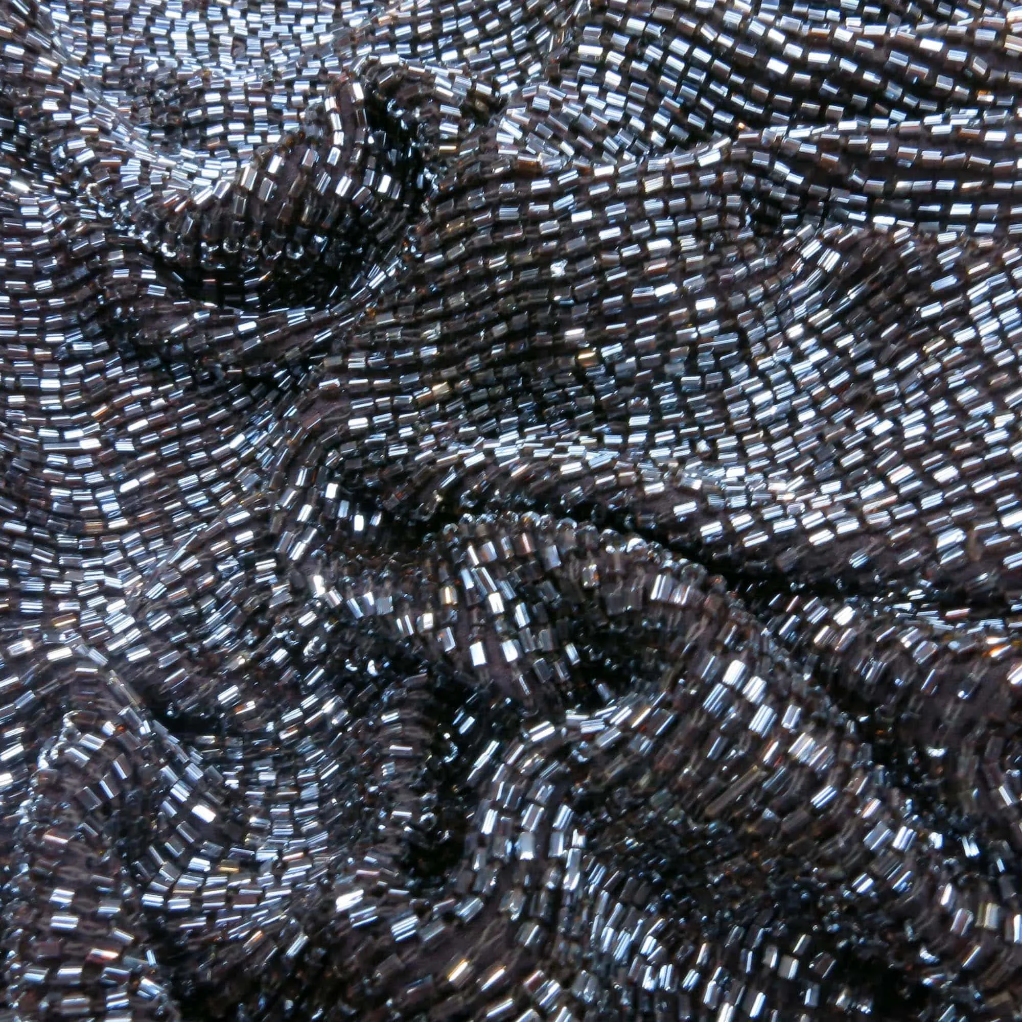 Hematite Gunmetal Grey Bugle Bead On Silk Georgette Ground Fabric