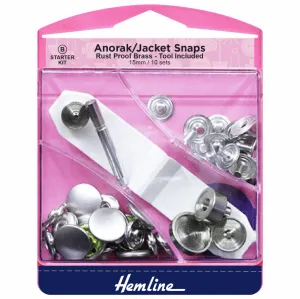 Hemline Anorak/Jacket Snaps With Tool Nickel - 15mm - Set of 10