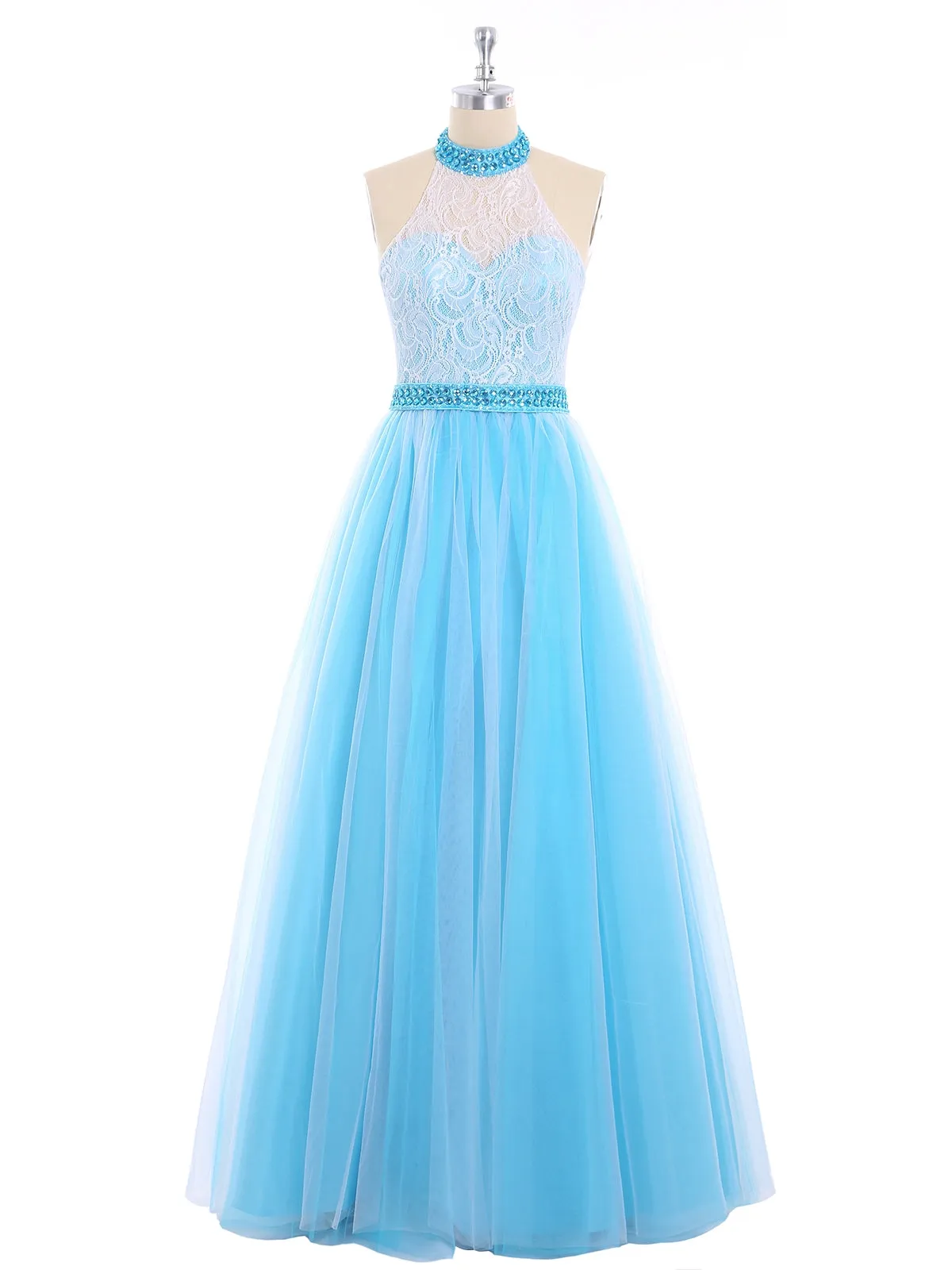 Illusion High Neck Lace and Tulle Dress-Pool