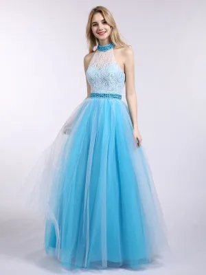 Illusion High Neck Lace and Tulle Dress-Pool