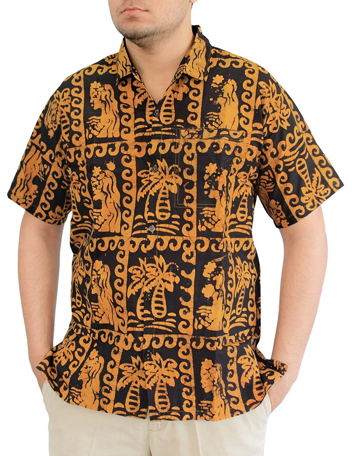 LA LEELA Shirt Casual Button Down Short Sleeve Beach Shirt Men Pocket Batik 1