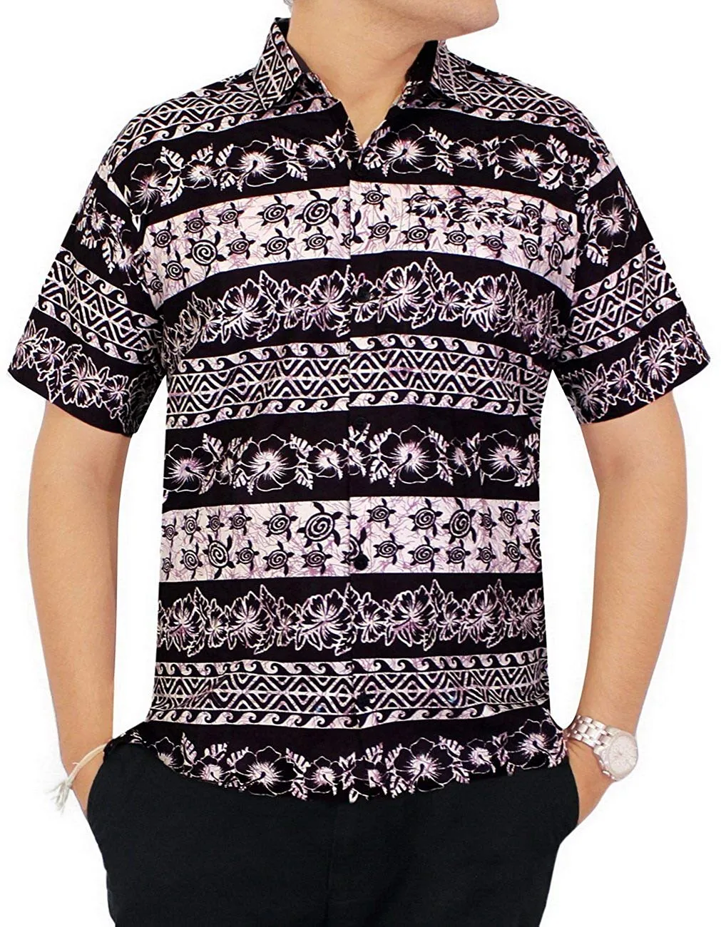 LA LEELA Shirt Casual Button Down Short Sleeve Beach Shirt Men Pocket Batik 1