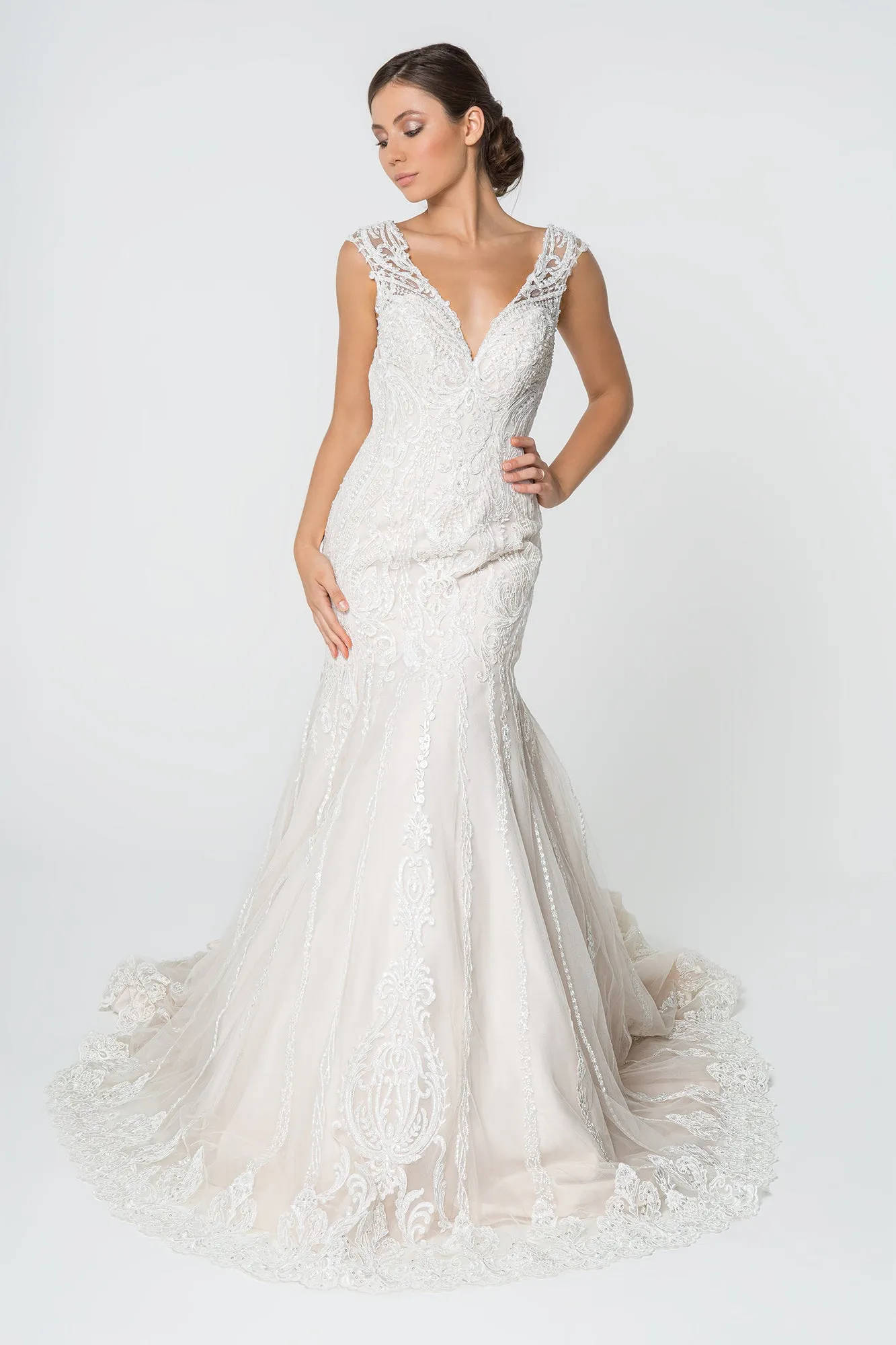 Lace Embellished Deep V-Neck Wedding Gown U-Back GLGL2821