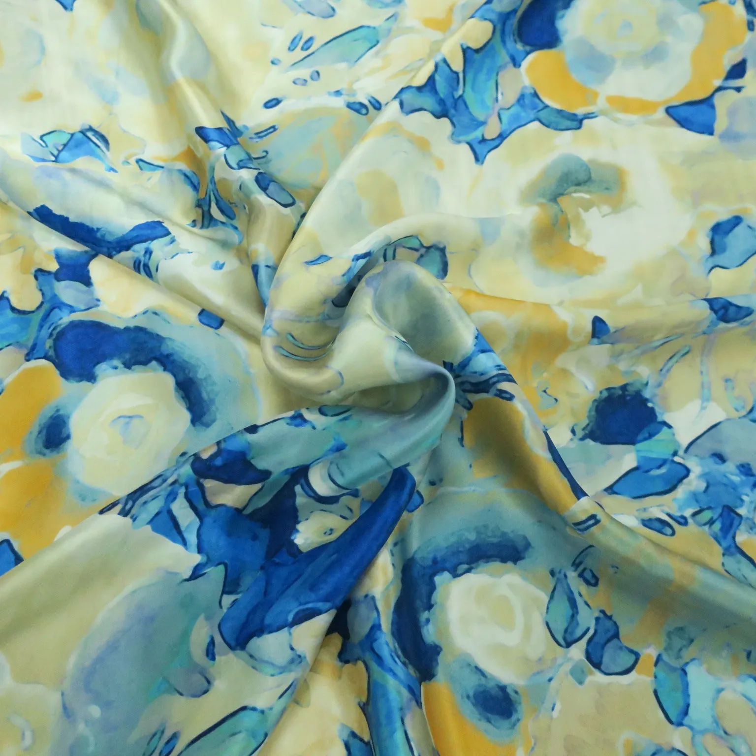 Light Blue and Ivory Abstract Floral Printed Silk Charmeuse Fabric