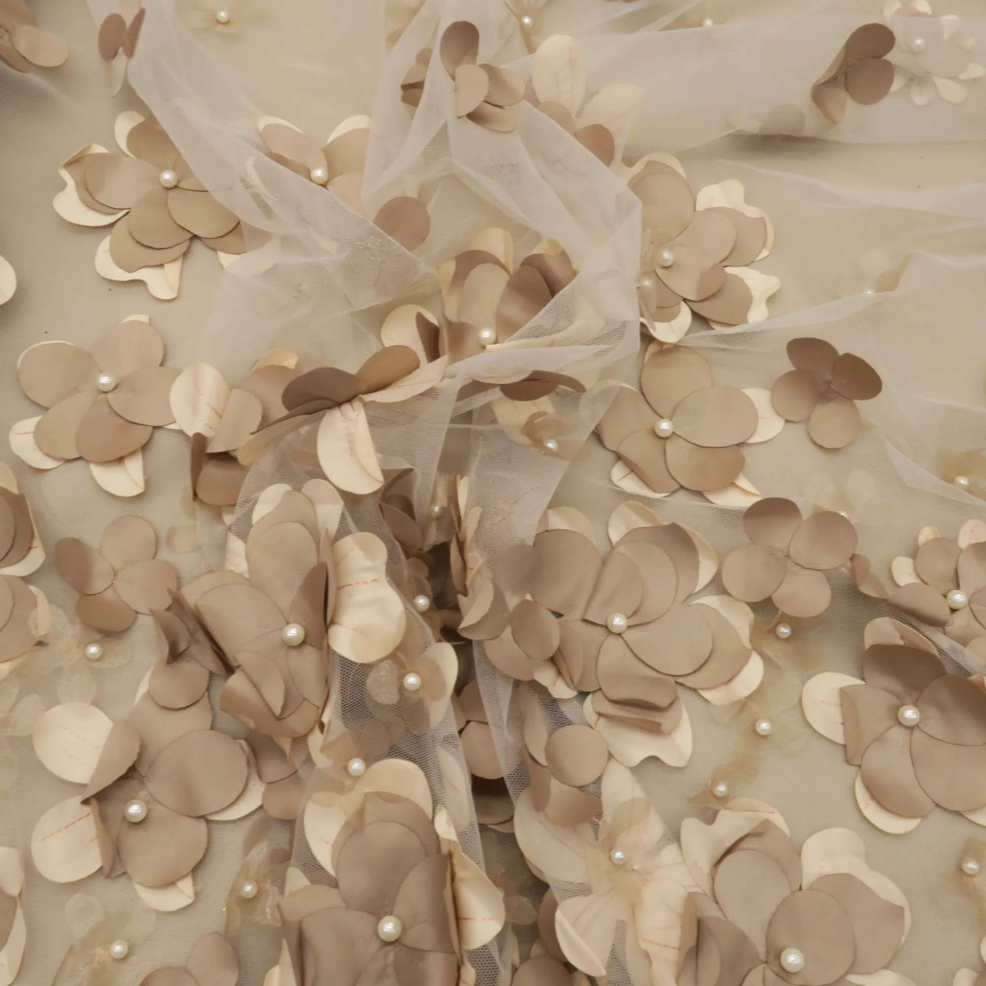 Light Brown Floral Embroidered Tulle Fabric