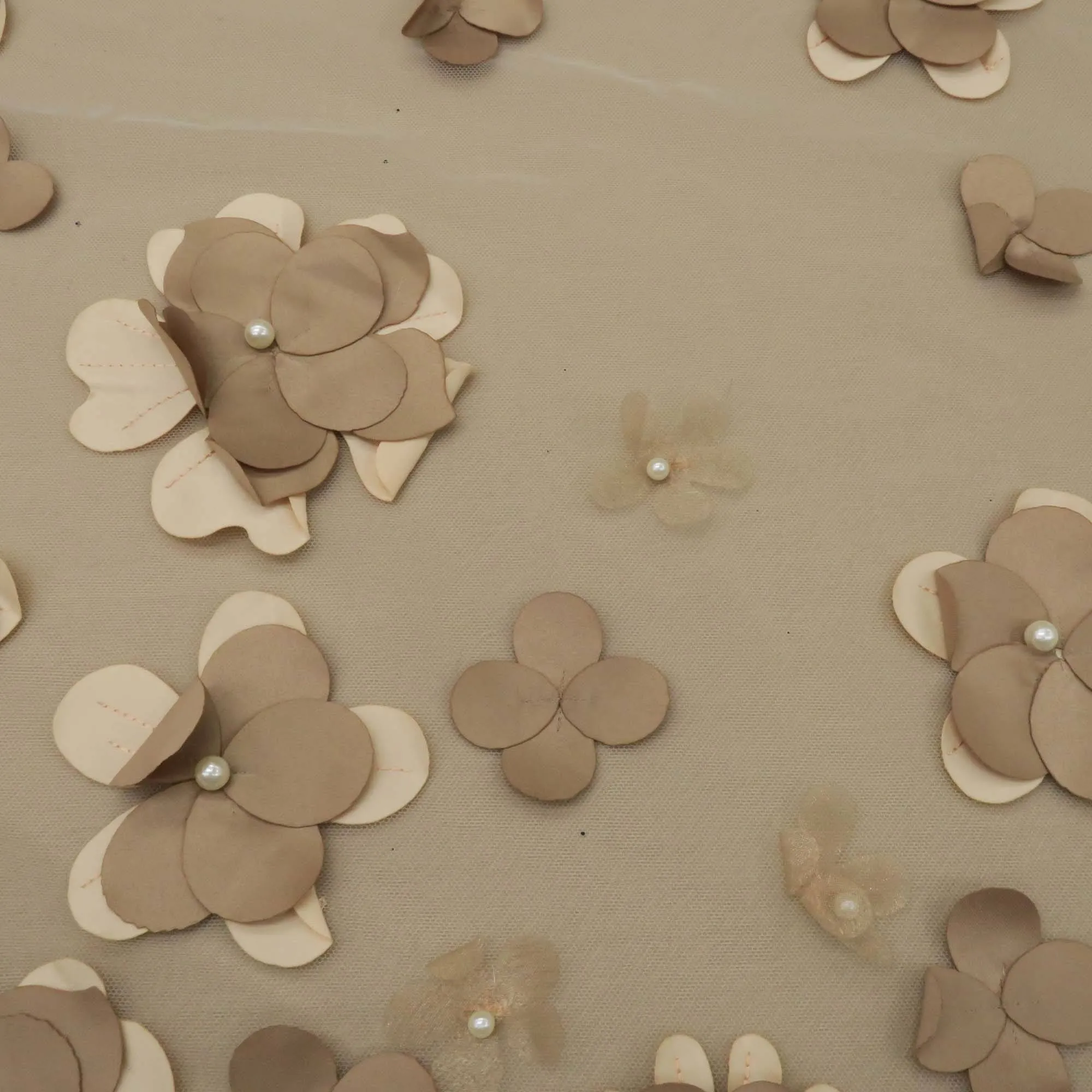 Light Brown Floral Embroidered Tulle Fabric