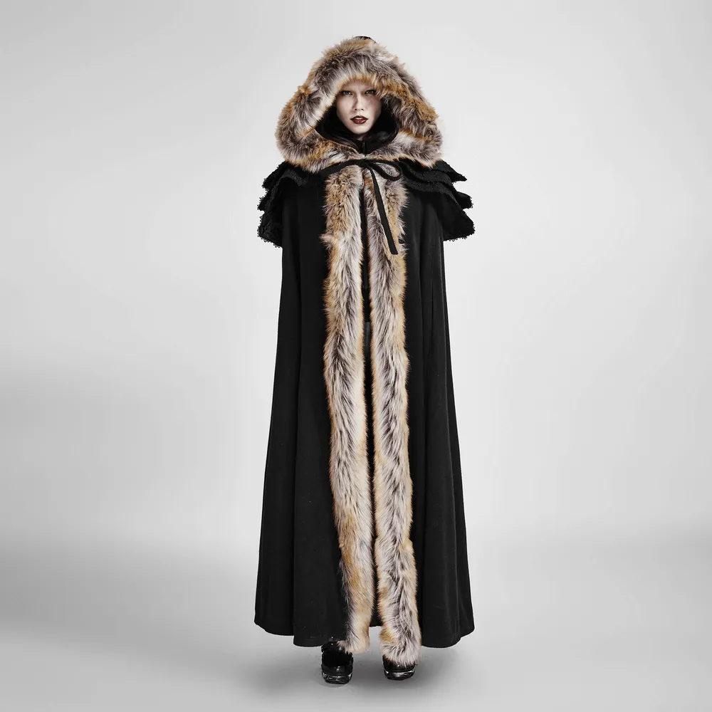 Luxurious Gothic Fur-Trimmed Woolen Long Cloak