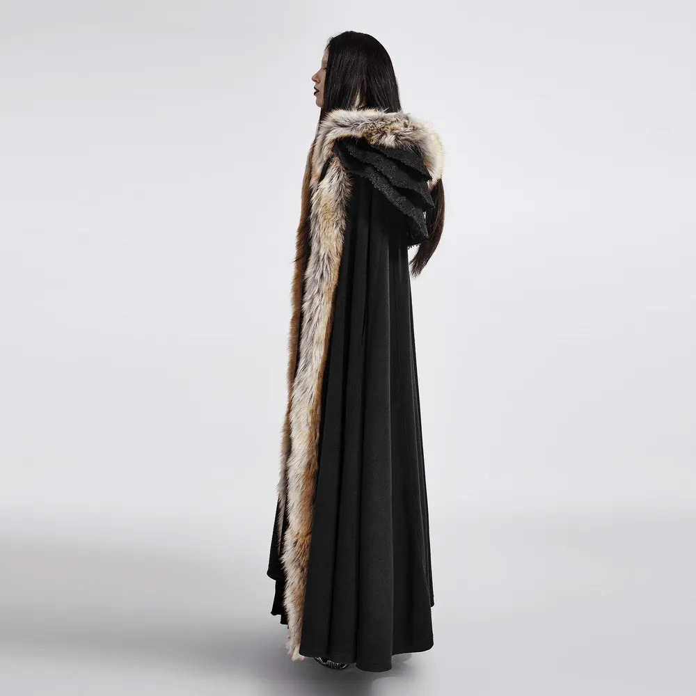 Luxurious Gothic Fur-Trimmed Woolen Long Cloak