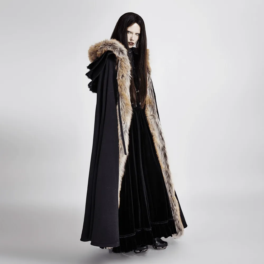 Luxurious Gothic Fur-Trimmed Woolen Long Cloak