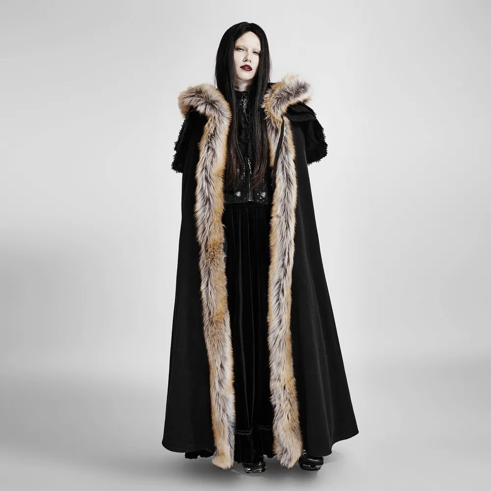 Luxurious Gothic Fur-Trimmed Woolen Long Cloak